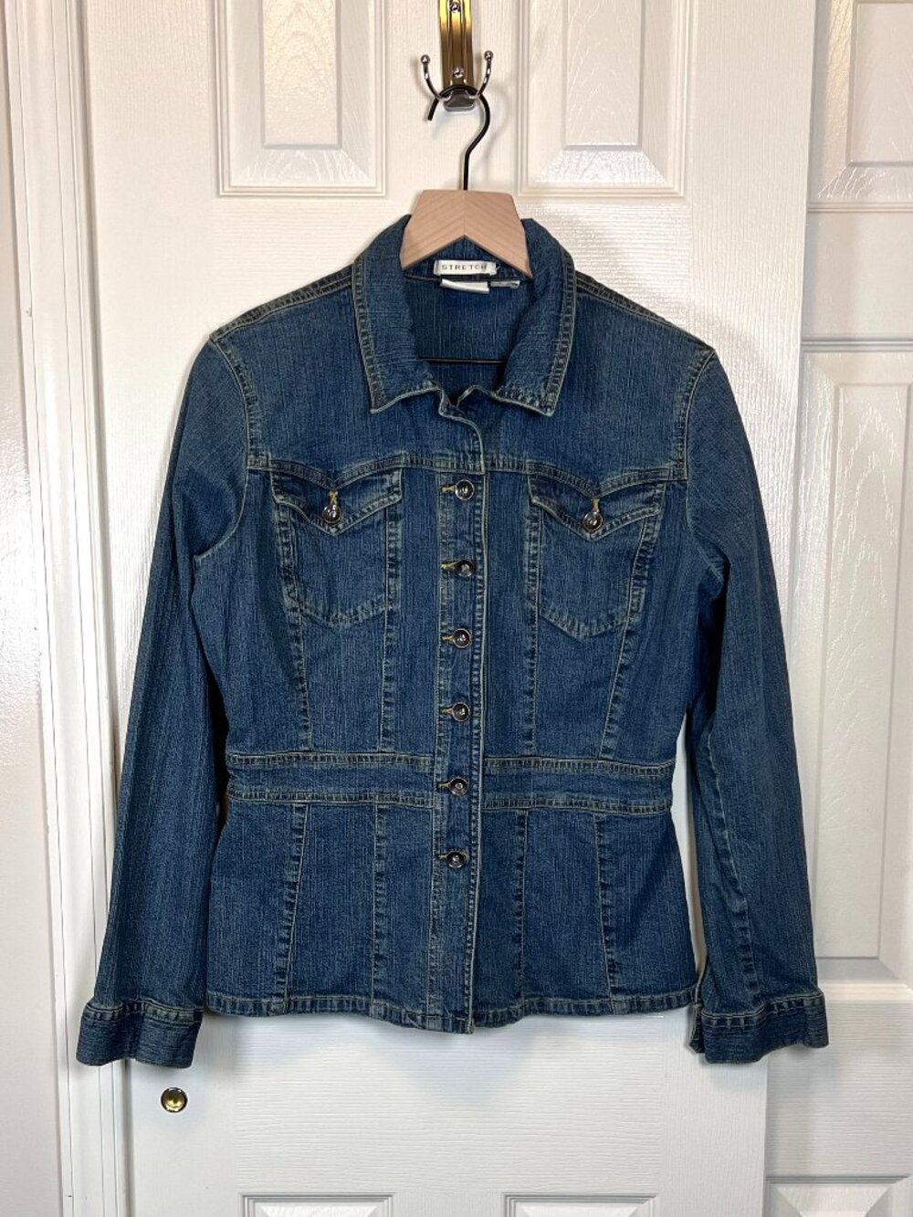 Y2K Liz Claiborne Tailored Peplum Denim Jacket Medium Wash Size M Preppy Office